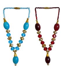 Set of 2 Cyan Blue and Red Beaded Small Garlands for Deity