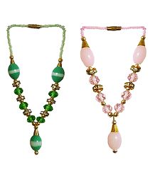 Set of 2 Pink and Green Beaded Small Garlands for Deity