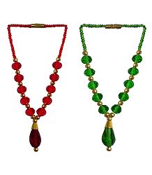 Set of 2 Red and Green Beaded Small Garlands for Deity