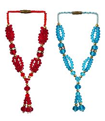 Set of 2 Red and Blue Beaded Small Garlands for Deity