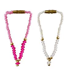 Set of 2 Magenta and White Beaded Small Garlands for Deity