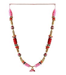 Pink, Red and Green Color Satin Ribbon Garland with Golden Beads