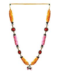Dark Saffron and Light Pink Satin Ribbon with Red Thread Bead Garland