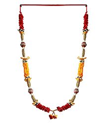 Dark Red and Dark Saffron Satin Ribbon with Red Thread Bead Garland
