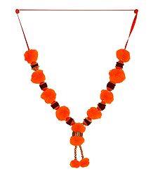 Saffron Woolen Balls with Rudraksha Beads Garland
