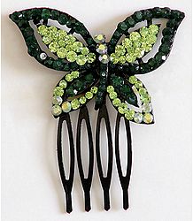 Dark Green and Light Green Crystal Studded Butterfly Hair Comb