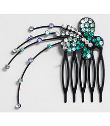 Cyan and White Crystal Studded Butterfly Hair Comb