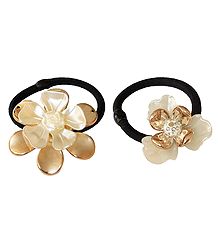 Set of 2 White with Golden Acrylic Flowers on Elastic Hair Band for Ponytail Holder