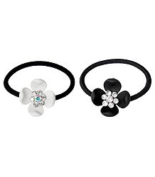 Set of 2 Black and White Acrylic Flowers on Elastic Hair Band for Ponytail Holder