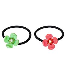 Set of 2 Green and Peach Acrylic Flowers on Elastic Hair Band for Ponytail Holder