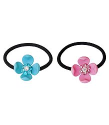 Set of 2 Blue and Pink Acrylic Flowers on Elastic Hair Band for Ponytail Holder