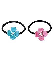 Set of 2 Blue and Pink Acrylic Flowers on Elastic Hair Band for Ponytail Holder