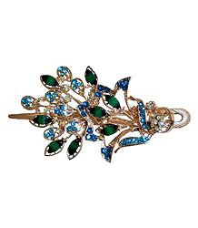 Green and Blue Stone Studded Flower Design Press Hair Clip