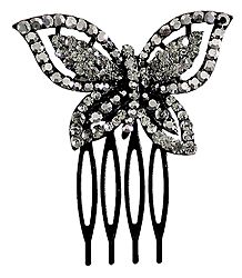 Grey Crystal Studded Butterfly Black Hair Comb