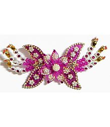 White and Red Stone Studded Magenta Flower Head Piece with Beads 