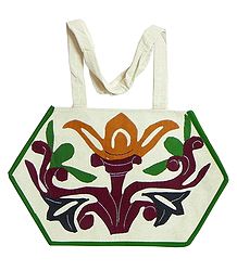 Plant with Flower Applique on Shoulder Bag with Two Zipped Pocket