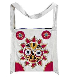 Appliqued Face of Jagannathdev on Off-White Cotton Shoulder Bag with Two Zipped Pocket