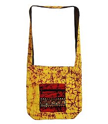 Kantha Embroidered Yellow with Maroon Batik Cotton Bag with Three Zipped Pocket