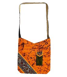Kantha Embroidered Saffron with Black Batik Cotton Bag with Two Zipped Pocket and One Mobile Pocket