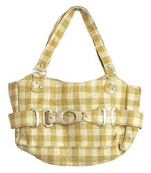 Yellow and Off-White Check Jute Bag with Two Large and Two Small Zipped Pockets