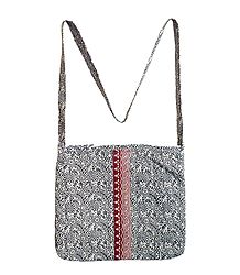 Black Print on White Cotton Shoulder Bag with One Zip Pocket