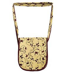 Dark Brown Print on Beige Cotton Shoulder Bag with One Open Pocket