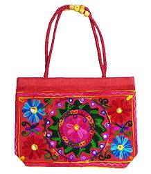 Kashmiri Embroidery on Red Cotton Bag with Two Zipped Pocket