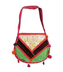 Mirrorwork and Embroidered Multicolor Cotton Bag with Two Zipped Pocket