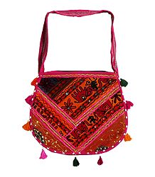 Mirrorwork and Embroidered Multicolor Cotton Bag with Two Zipped Pocket