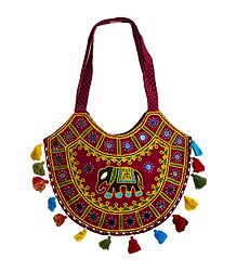 Embroidered and Mirrorwork on Cotton Shoulder Bag with One Zipped Pocket
