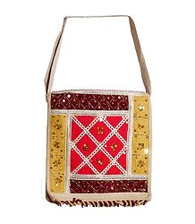 Sequined, Beaded Jute Bag with Two Zipped and One Open Pocket
