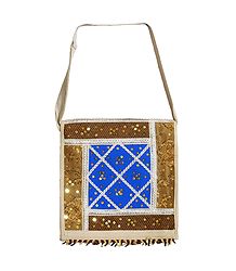 Sequined, Beaded Jute Bag with One Zipped and One Open  Pocket