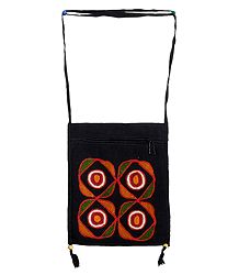 Rangoli Design Embroidery Black Bag with One Zipped and One Open Pocket