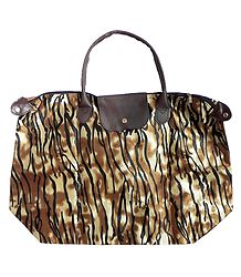 Foldable Yellow and Brown Tiger Skin Printed Rexine Bag