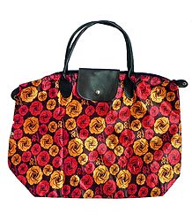 Foldable Yellow and Red Floral Printed Rexine Bag