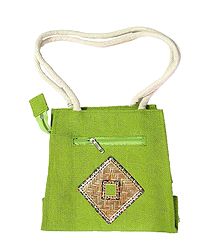 Green Appliqued Bag with Two Open Pockets and Two Zipped Pockets