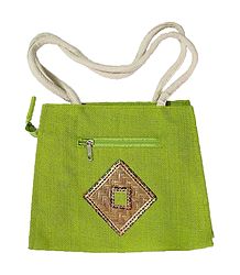 Green Appliqued Jute Bag with Two Open Pockets and Two Zipped Pockets