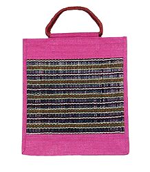 Jute Shopping Bag with Bamboo and Thread Pattern