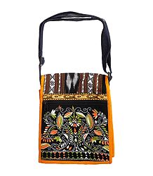 Kantha Embroidered Green with White Weaved Cotton Bag with 2 Zipped Pockets