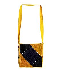 Patchwork and Mirror Work Shoulder Bag with One Zipped Pocket and One Open Pocket