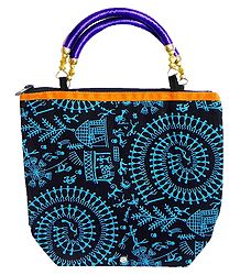 Tribal Print on Black Cotton Bag with One Zipped Pocket