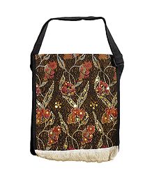 Floral Design Jute Cloth on Rexin with Bead and Sequin work One Open and Two Zipped Pocket Bag