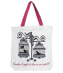 Caged Birds Print on White Shopping Bag