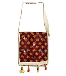 Maroon Velvet Lined Jute Bag with Mirrorwork One Open and One Zipped Pocket