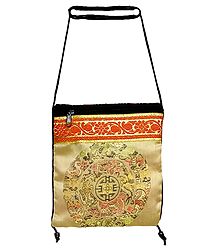 Beige Silk Brocade Sling Bag with One Zipped Pocket