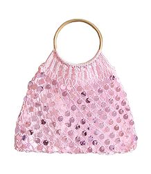 Light Pink Sequined Macreme Bag with Wooden Handle
