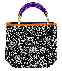 Tribal Print on Black Cotton Bag with One Zipped Pocket