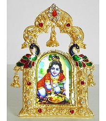 Bal Gopal on Stone Studded and Golden Carved Metal Frame