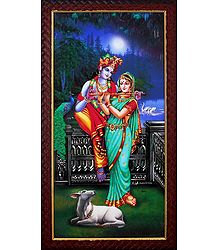 Radha Learning Flute from Krishna - Wall Hanging
