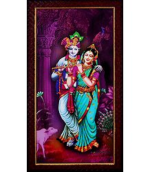 Radha Learning Flute from Krishna - Wall Hanging